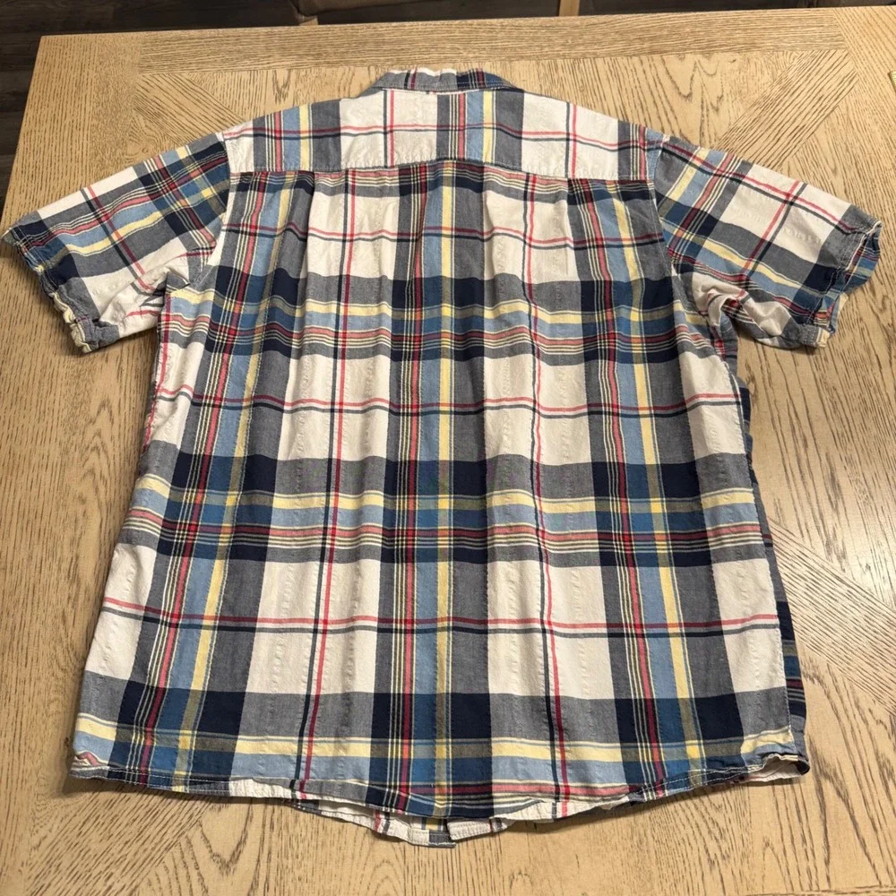 Red Head Brand Co Mens Large Short Sleeve Plaid Button Down Shirt Blue White Red